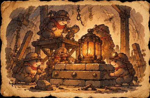 Moles gathered around a great lamp on a stone seal